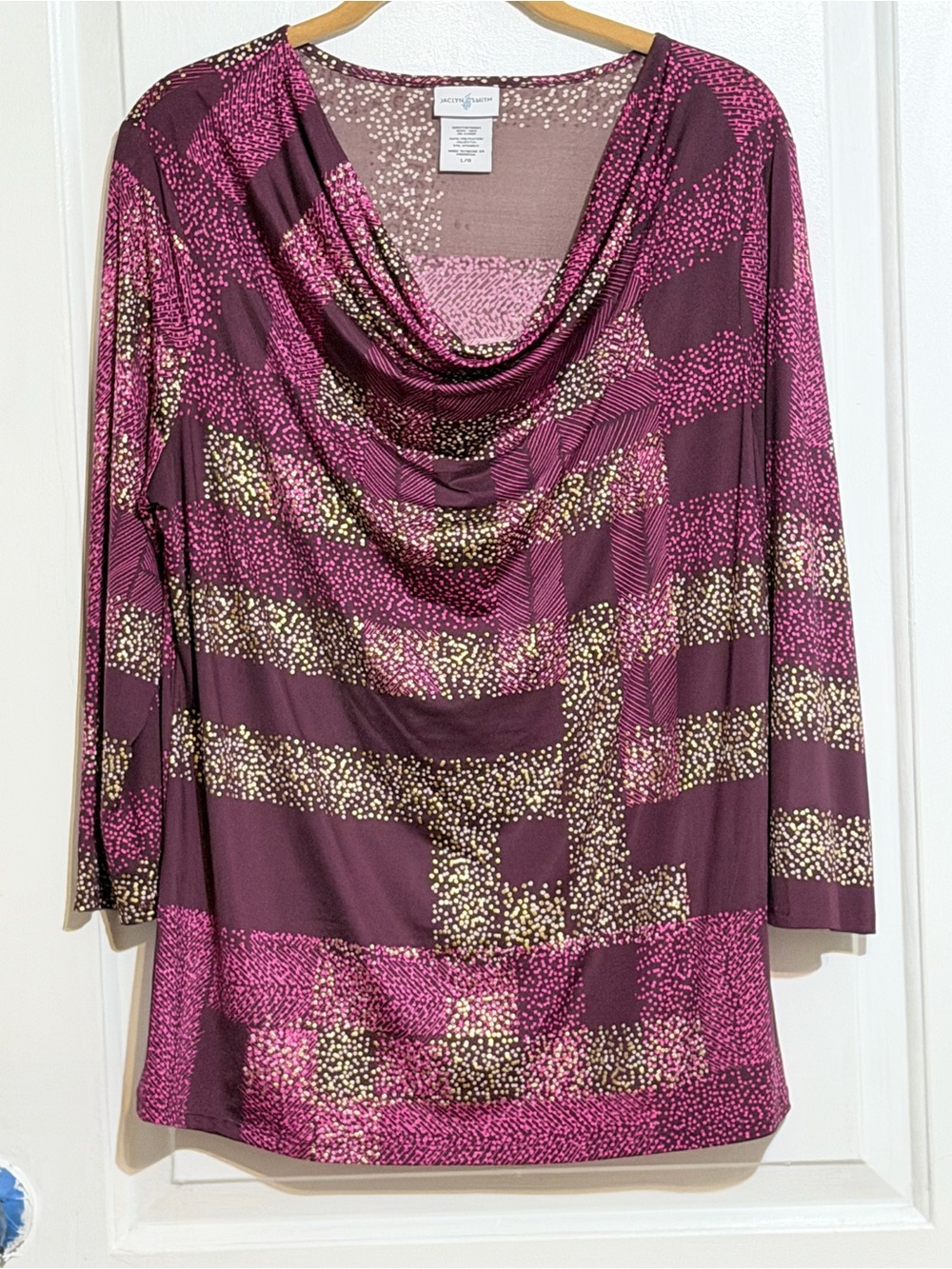 Jaclyn Smith Plum and Pink Dotted Cowl-Neck Top